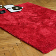Schallplatten und roter Teppich auf Holzboden